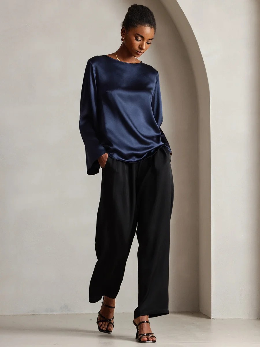 19Momme Seda Relajada Manga Larga Blusa - Imagen 5