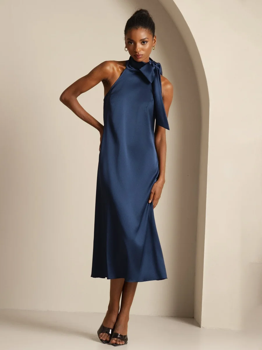 19Momme Seda Cuello Atado Vestido - Imagen 9