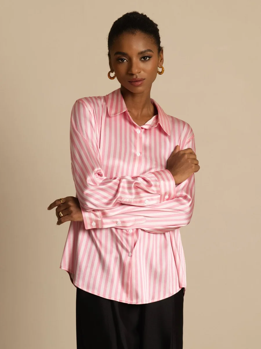 Camisa De Mujer De Seda 19 Momme Con Estampado De Rayas Y Cuello De Solapa - Imagen 6