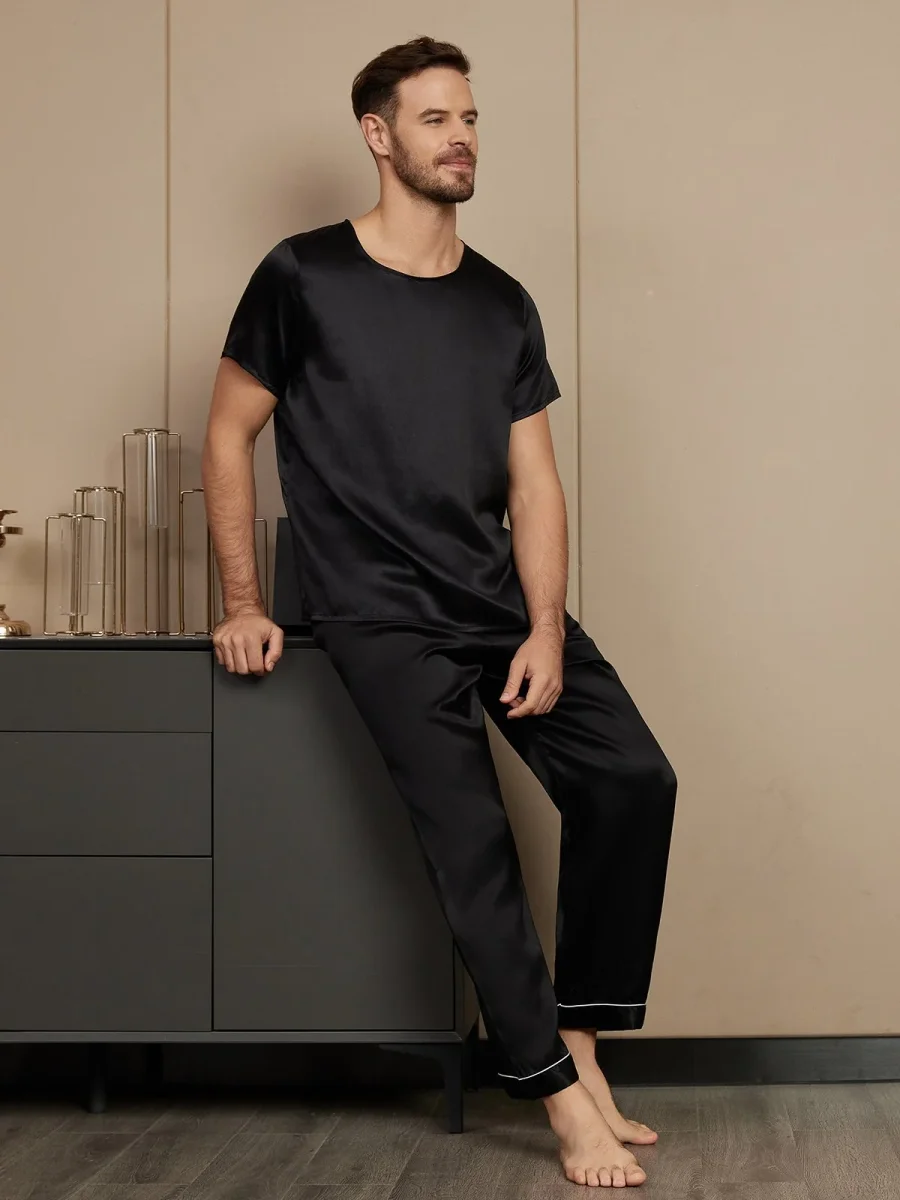 Pijama De Hombre De Pura Seda Con Mangas Cortas Cuello Redondo Y Pantalón - Imagen 9