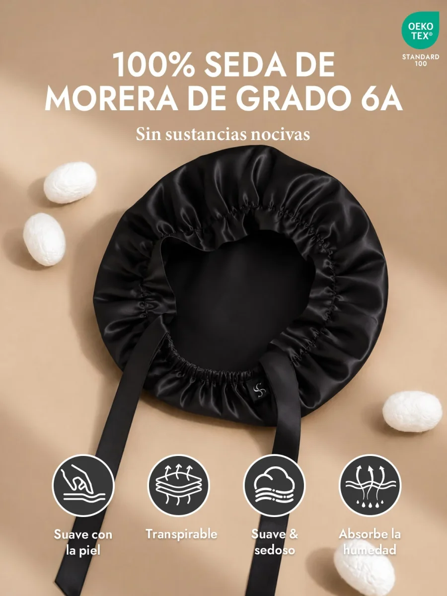 Gorro de Dormir de 100% Seda de Morera con Cintas - Imagen 9