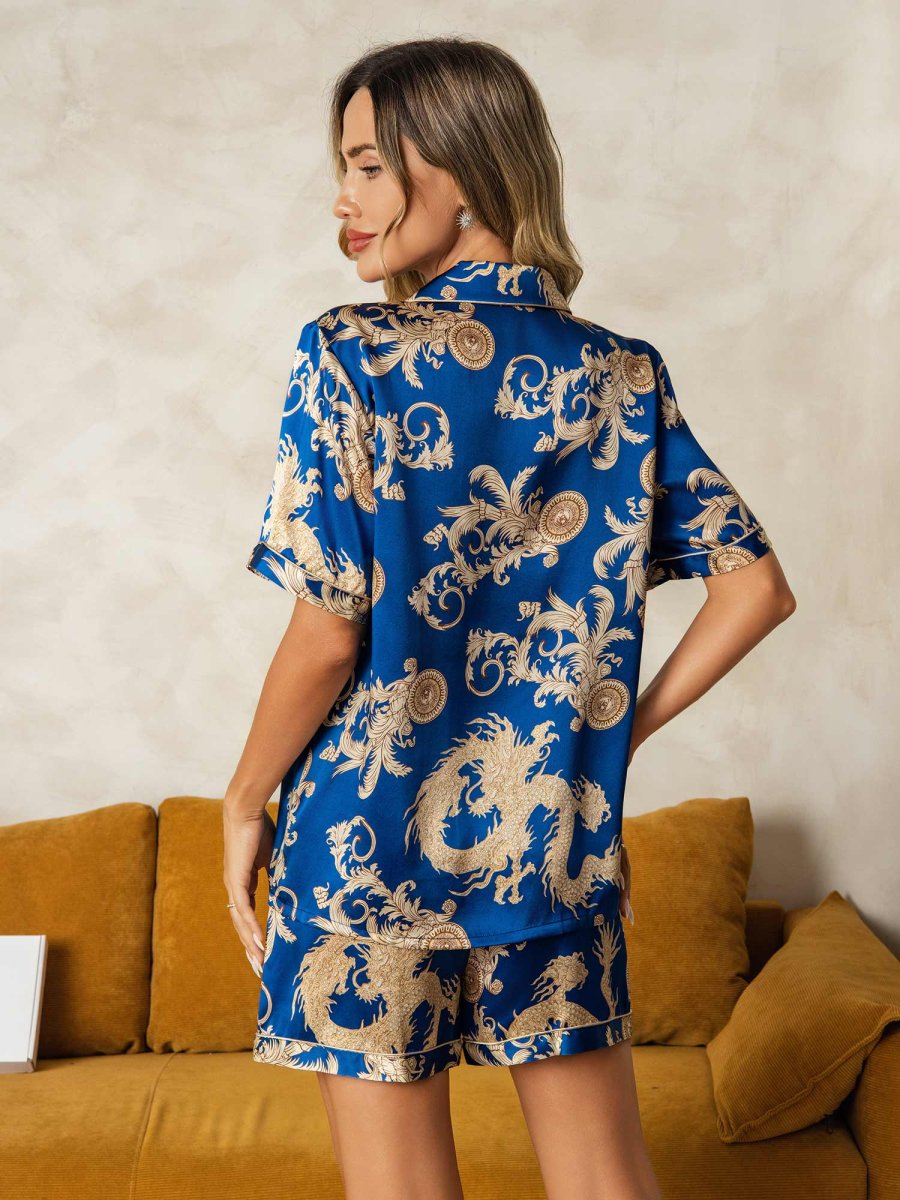Pijama Mujer Seda Pura Manga Corta Cuello Notch Con Shorts Estampado Dragón - Imagen 3