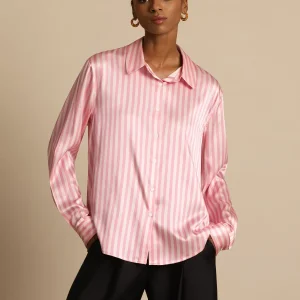 Camisa De Mujer De Seda 19 Momme Con Estampado De Rayas Y Cuello De Solapa