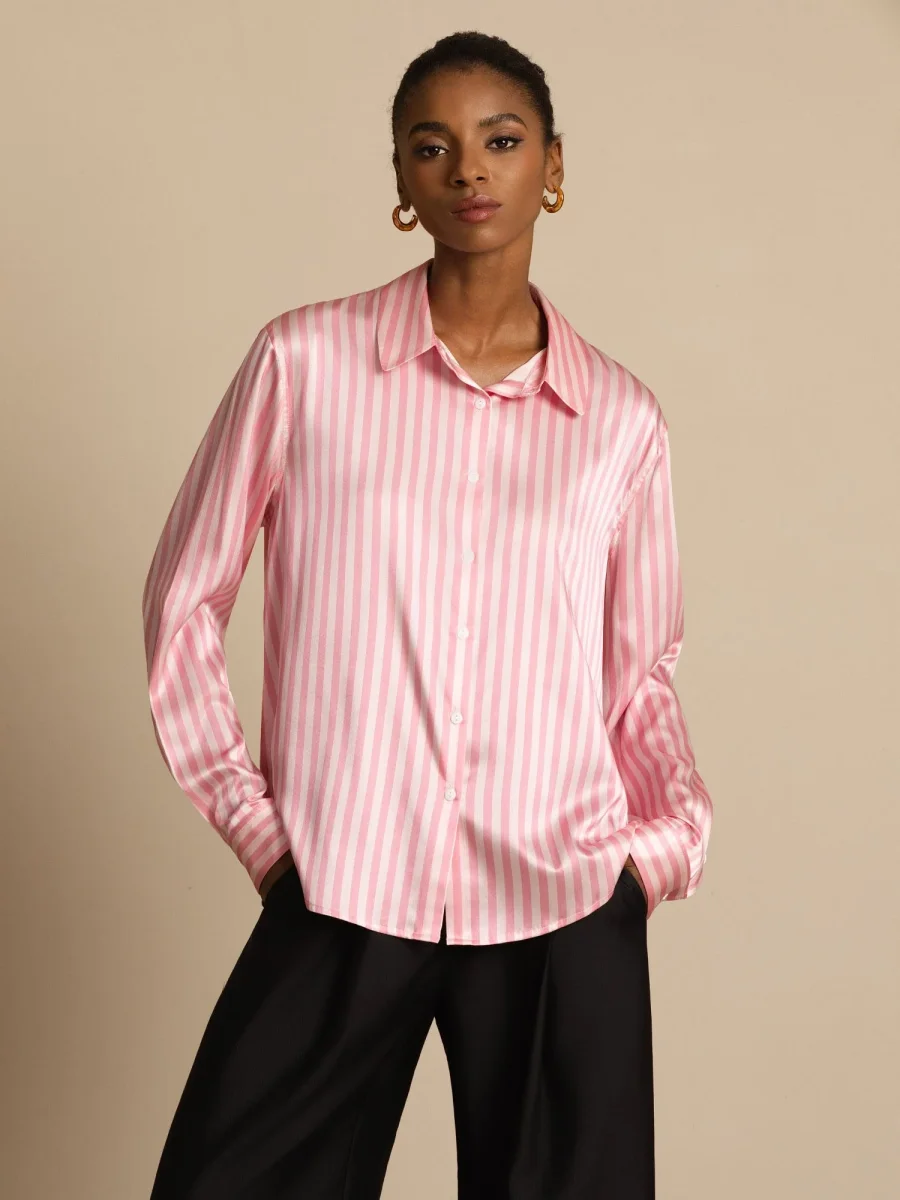 Camisa De Mujer De Seda 19 Momme Con Estampado De Rayas Y Cuello De Solapa - Imagen 2