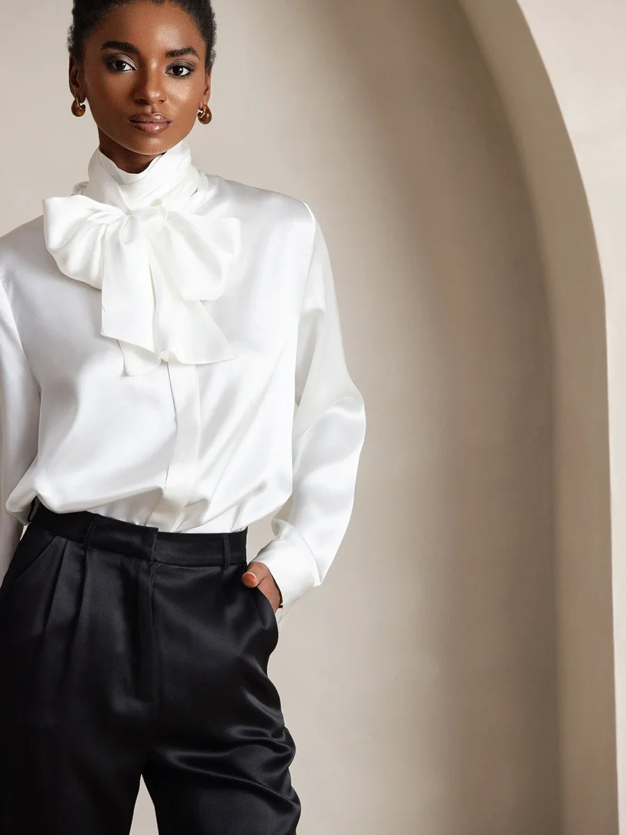 19 Momme Seda Cuello atado Camisa - Imagen 7