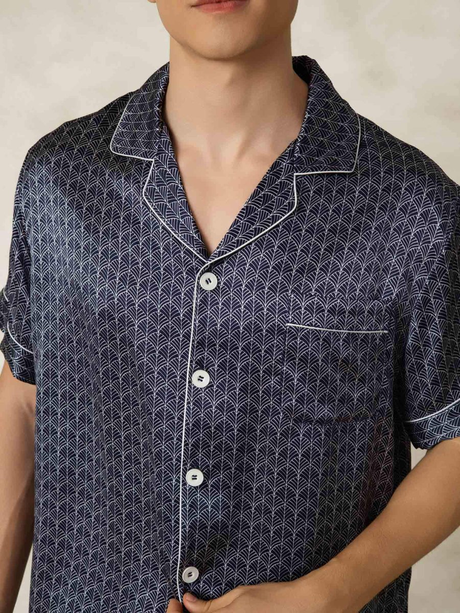 Pijama De Hombre De Seda Pura Azul Marino Con Estampado De Ginkgo De Manga Corta Y Cuello Con Solapa - Imagen 8