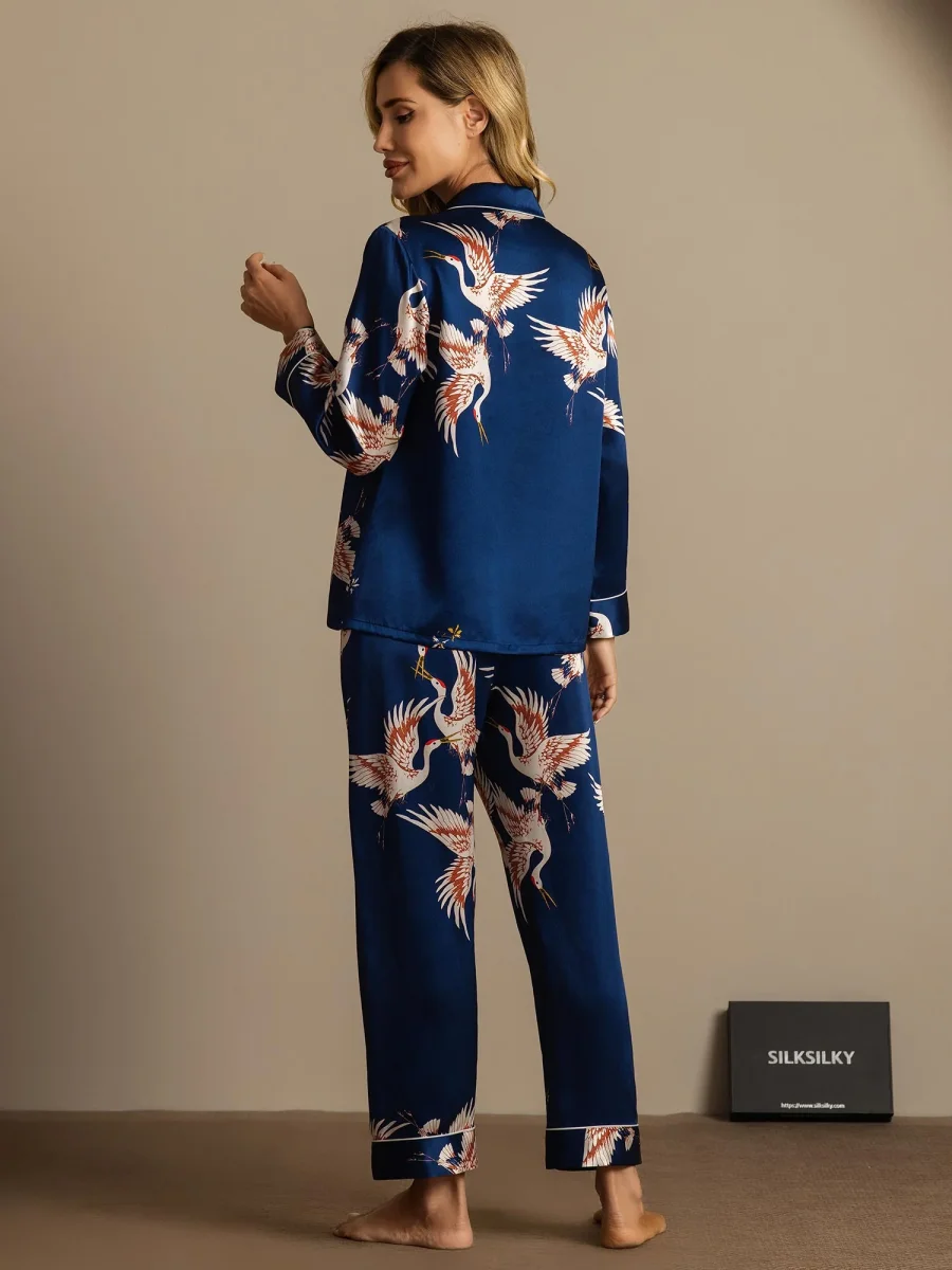Pijama De Mujer De Seda Pura 19Momme Con Estampado De Grulla Y Manga Larga - Imagen 4