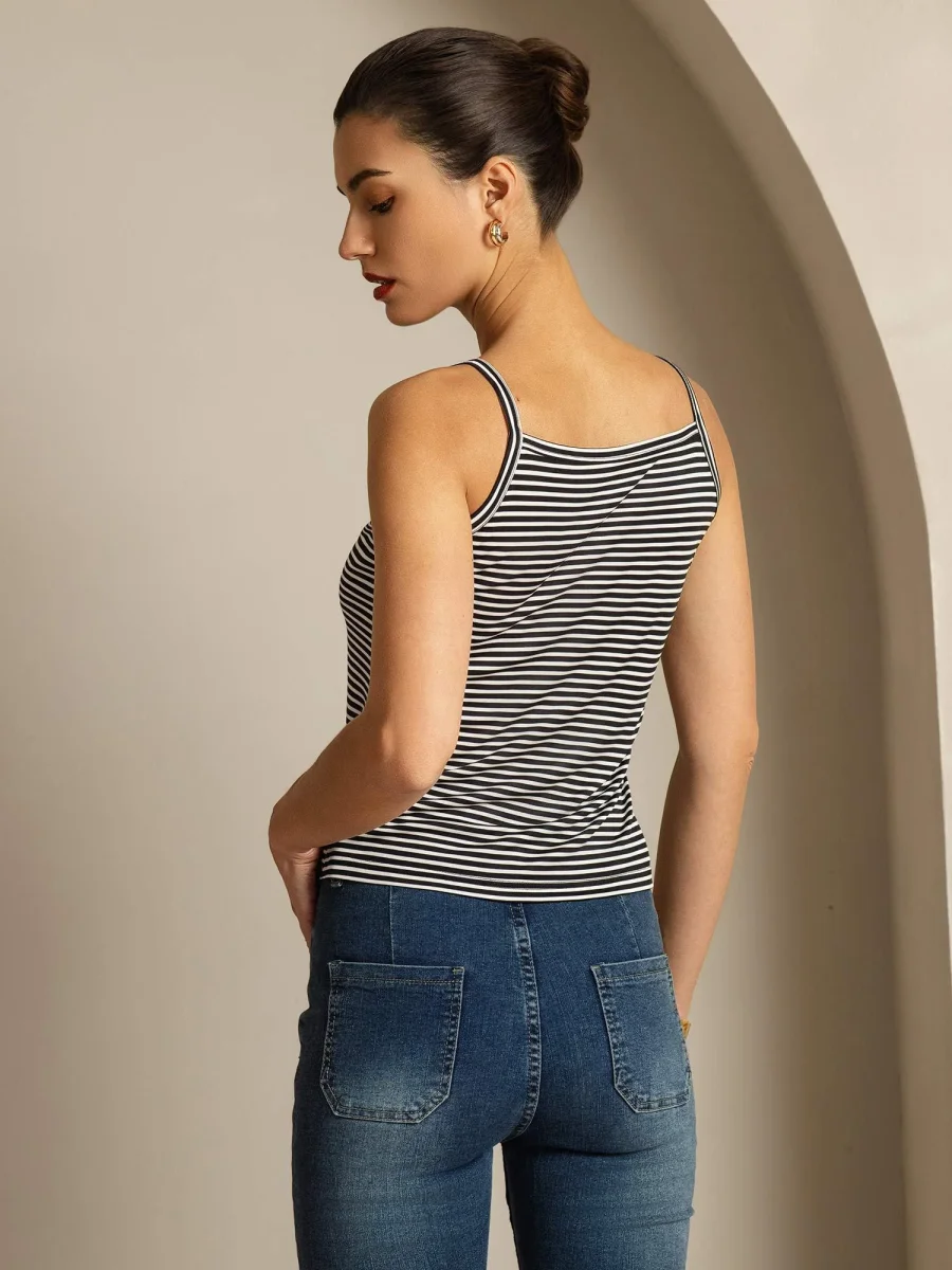 Top Camisola De Seda Pura Tirantes Finos Cuello Cuadrado A Rayas - Imagen 3