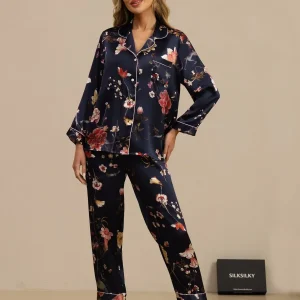Pijama De Mujer De Pura Seda Con Estampado Floral Azul Marino De Manga Larga Y Cuello Con Solapa Y Botones