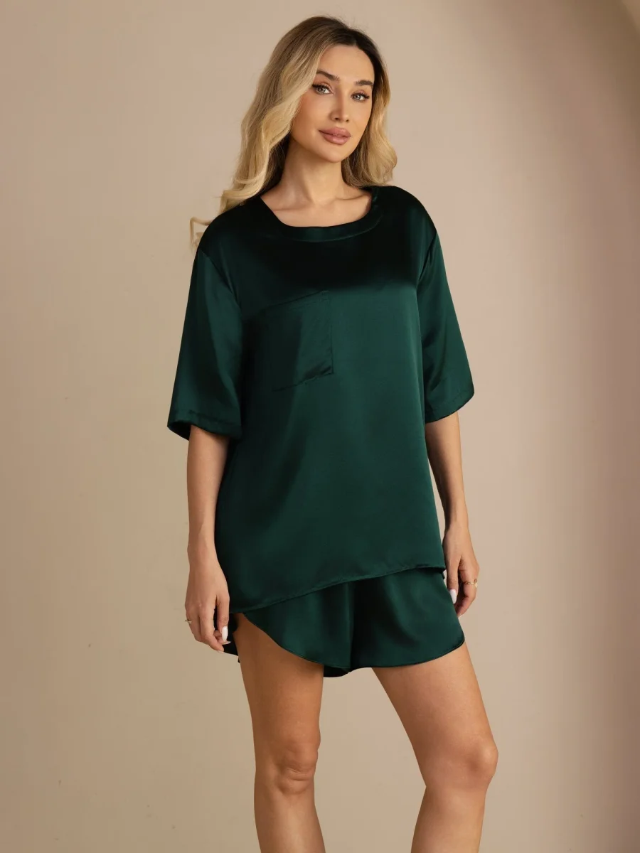 Camiseta informal de seda pura para dormir para mujer (pantalones cortos no incluidos) - Imagen 9