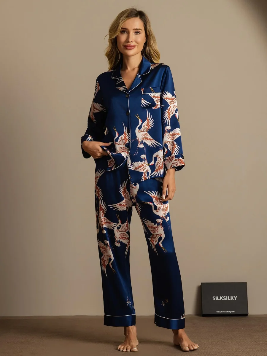 Pijama De Mujer De Seda Pura 19Momme Con Estampado De Grulla Y Manga Larga - Imagen 7