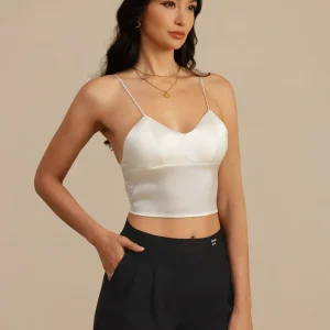 19Momme Top Corto De Seda Tirantes Finos Escote En V Camiseta Con Sujetador Incorporado