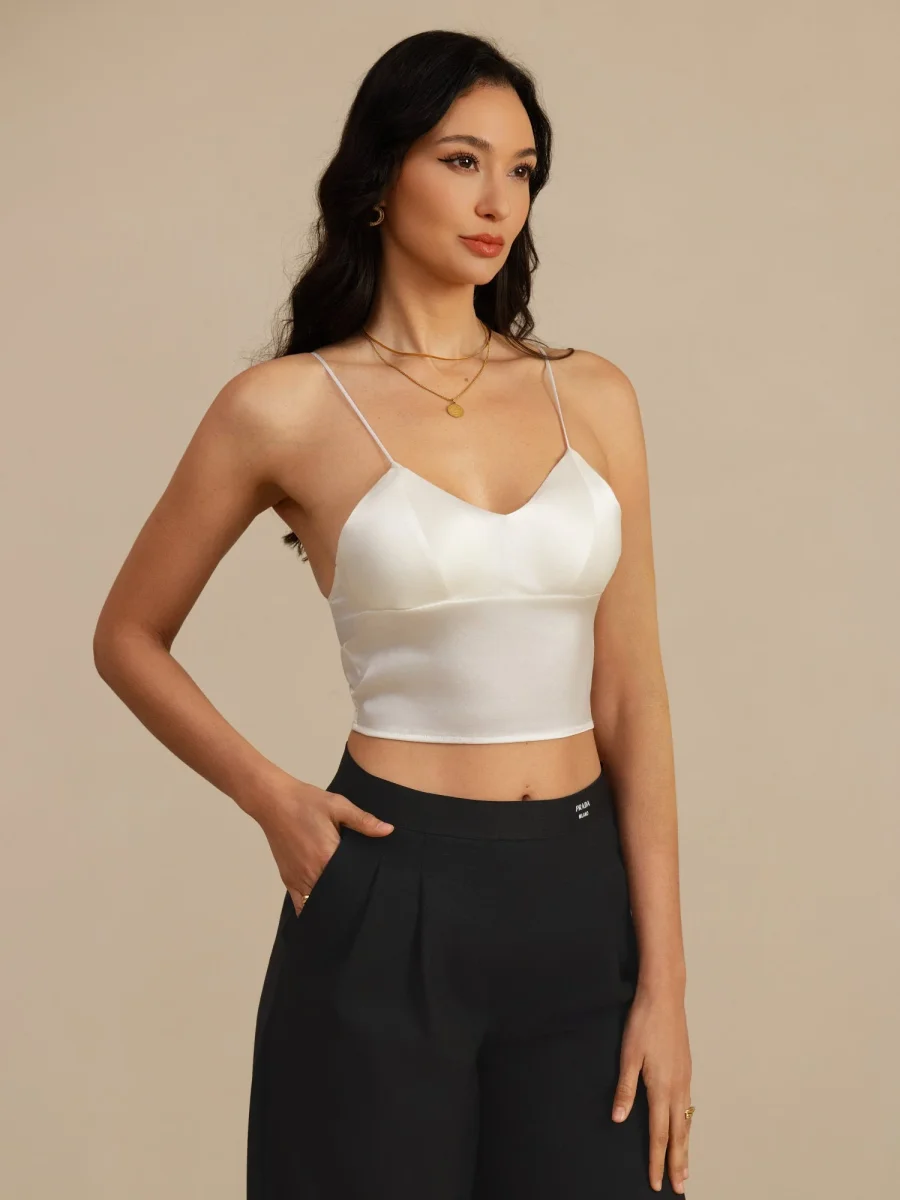 19Momme Top Corto De Seda Tirantes Finos Escote En V Camiseta Con Sujetador Incorporado - Imagen 2