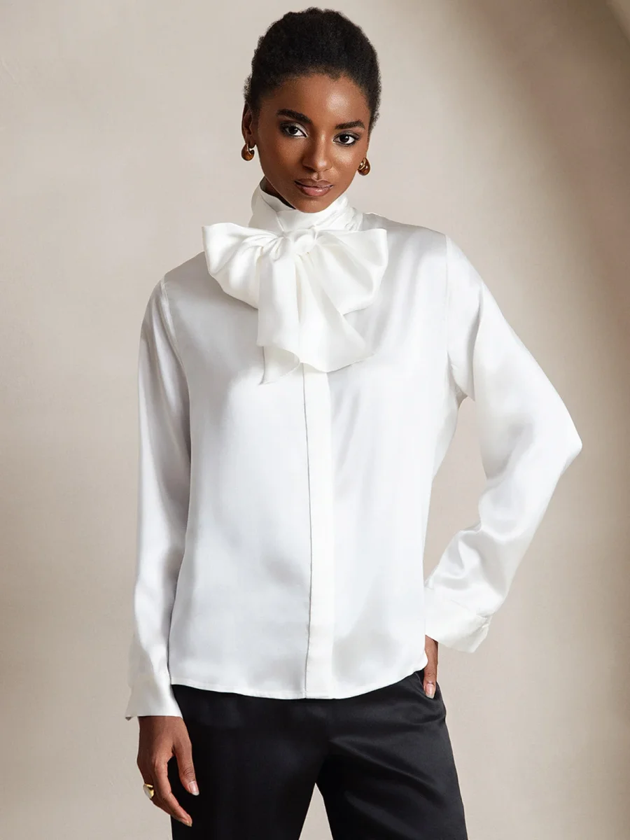 19 Momme Seda Cuello atado Camisa - Imagen 4