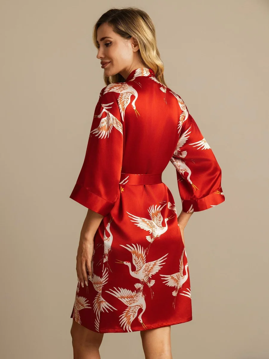19Momme Seda Pura Kimono Bata Envolvente Con Cinturón para Mujer Estampado de Grulla - Imagen 3
