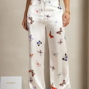 Pantalones De Mujer De Pierna Ancha De Seda 19Momme Blancos Con Estampado De Mariposas Y Bolsillos Laterales