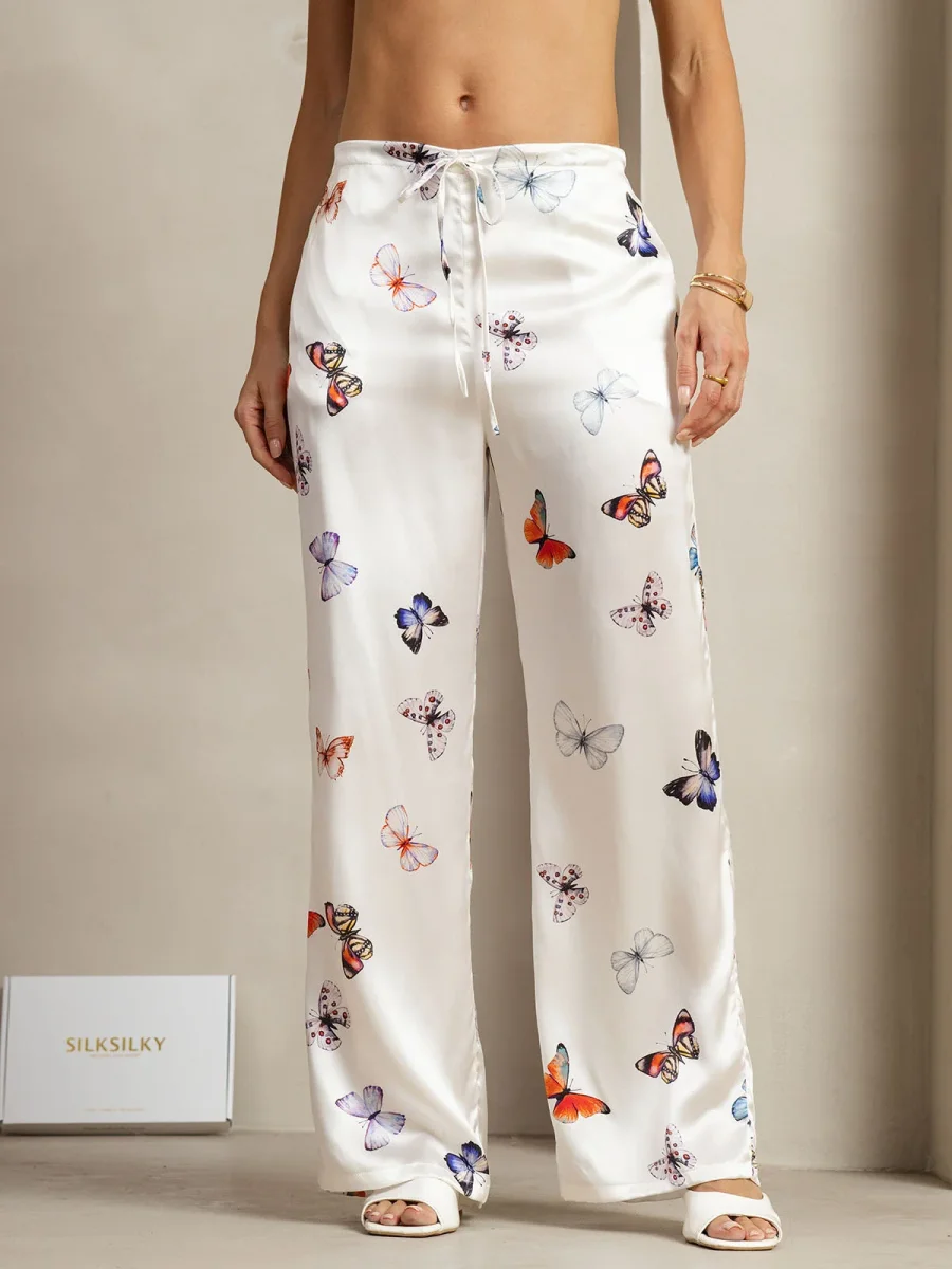 Pantalones De Mujer De Pierna Ancha De Seda 19Momme Blancos Con Estampado De Mariposas Y Bolsillos Laterales