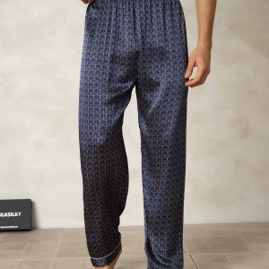 Pantalones De Dormir De Seda Pura Ginkgo Azul Marino Para Hombre Con Cintura Elástica