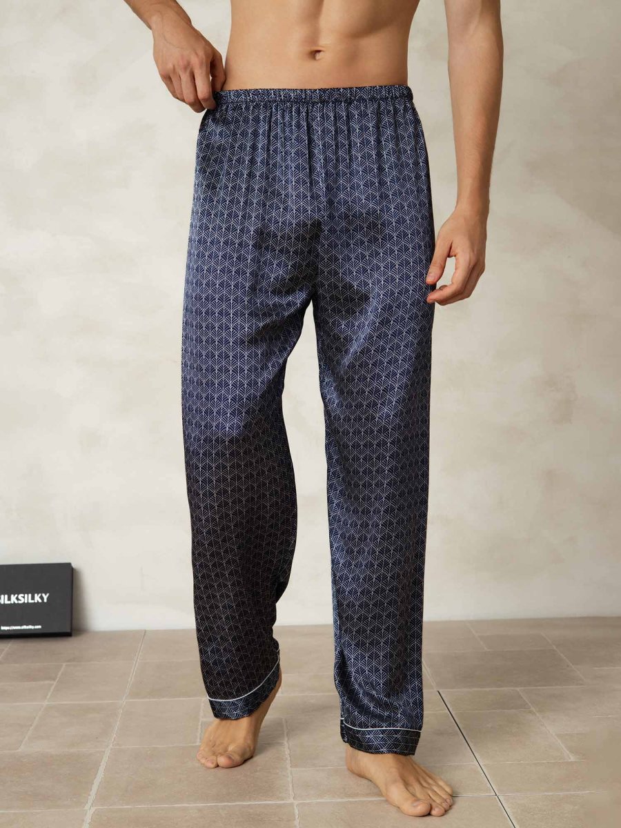 Pantalones De Dormir De Seda Pura Ginkgo Azul Marino Para Hombre Con Cintura Elástica