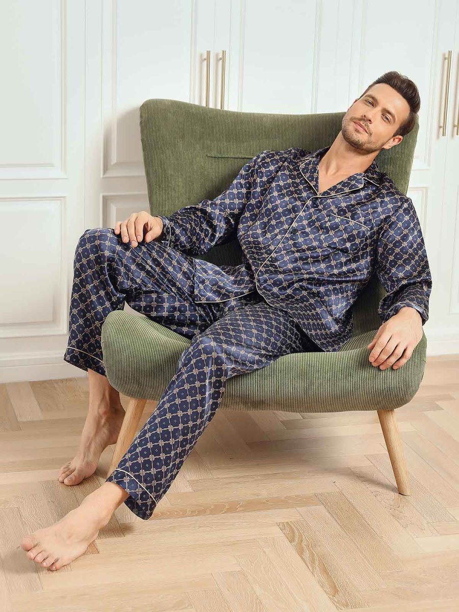 Conjunto De Pijama De Hombre De Seda Pura Con Estampado De Cadena Azul Marino Manga Larga Con Pantalón - Imagen 8
