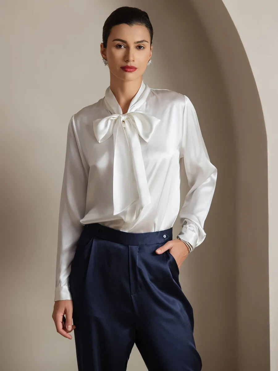 19 Momme Camisa Elegante de Seda con Cuello Lazo y Manga Larga - Imagen 8