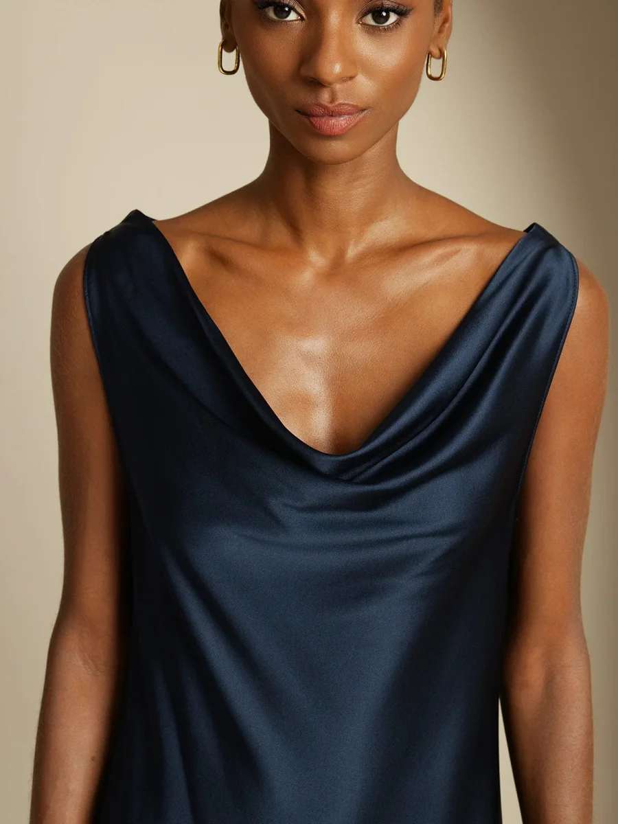 19Momme Vestido sin mangas de seda elegante con escote drapeado - Imagen 4