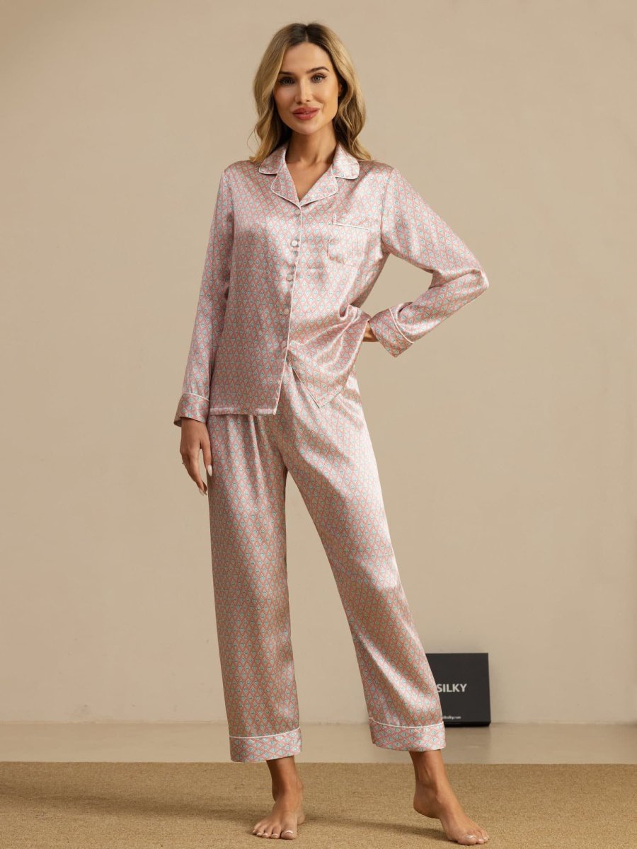 Conjunto De Pijama Para Mujer De Seda Pura Manga Larga Con Pantalón E Imprimé Geométrico - Imagen 7