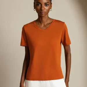 Camiseta de Mujer de Seta Pura con Escote en V y Mangas Cortas Resistente a Enganches