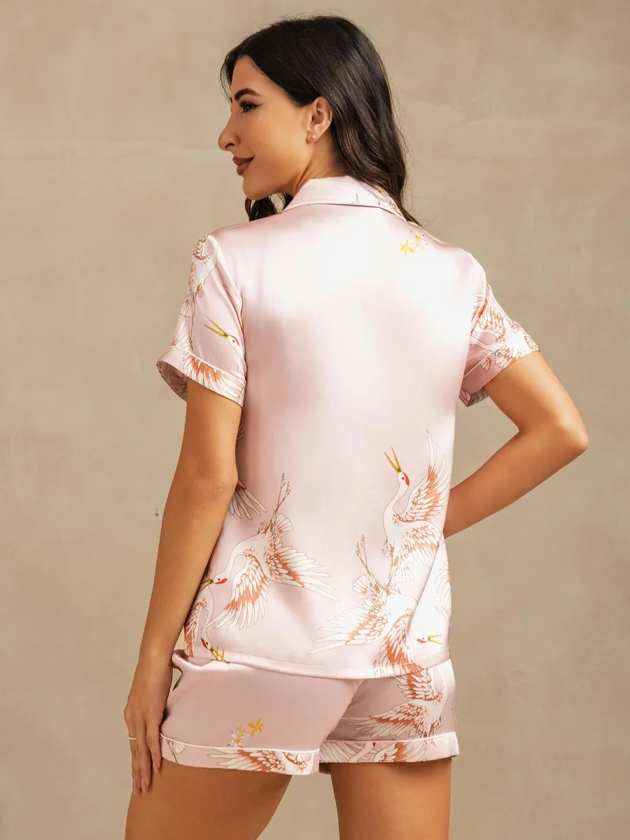 Conjunto De Pijama Para Mujer En Seda Pura 19Momme Manga Corta Cuello Notch Con Estampado De Grulla - Imagen 9