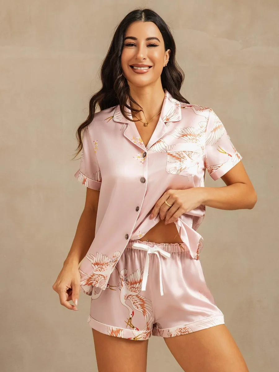 19Momme Conjunto De Pijama Para Mujer En Seda Pura Manga Corta Cuello Notch Estampado De Grulla - Imagen 7