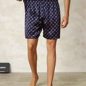 Pantalones Cortos De Dormir Para Hombre Pure Silk Cadena Azul Marino Estampado Cintura Elástica