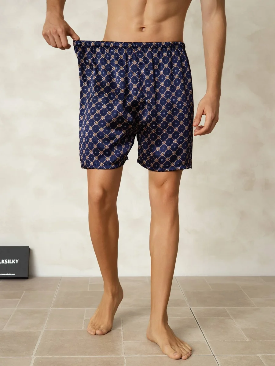 Pantalones Cortos De Dormir Para Hombre Pure Silk Cadena Azul Marino Estampado Cintura Elástica - Imagen 2