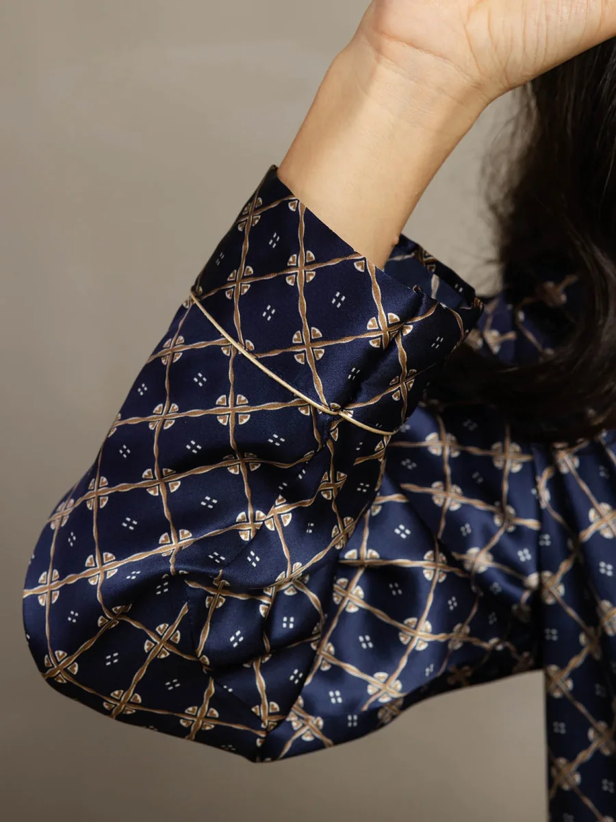 Conjunto De Pijama De Seda Pura Para Mujer Con Estampado De Cadena Marino, Manga Larga Y Cuello Con Solapas - Imagen 8