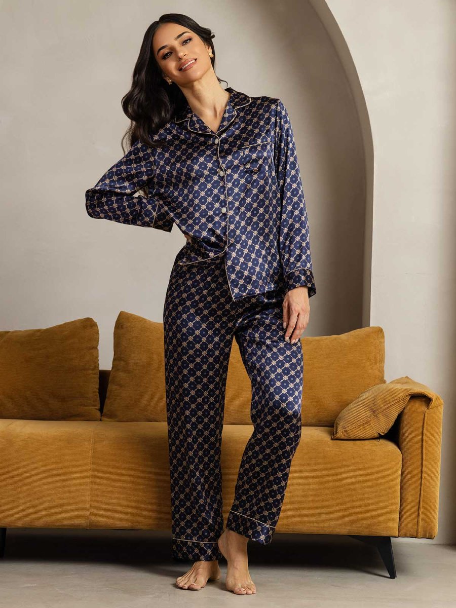 Conjunto De Pijama De Seda Pura Para Mujer Con Estampado De Cadena Marino, Manga Larga Y Cuello Con Solapas - Imagen 3
