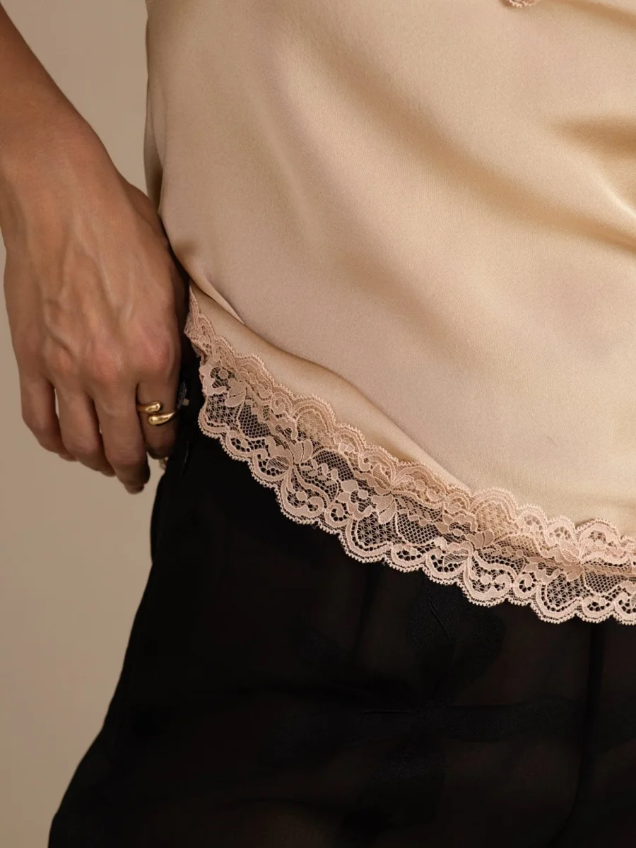 100% Seda De Morera Top De Mujer Con Tirantes Finos Escote En V Y Encaje - Imagen 6