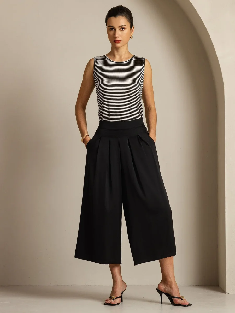 Pantalón Capri Mujer Seda 19Momme Cintura Alta Plisado Pierna Ancha - Imagen 8