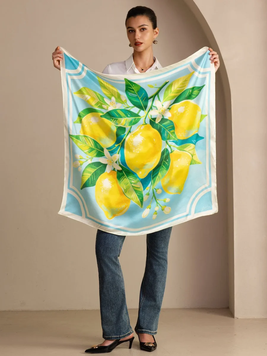 Pañuelo De Seda De Morera 100 Por Ciento Con Estampado De Limón Tamaño 90 x 90 cm - Imagen 7