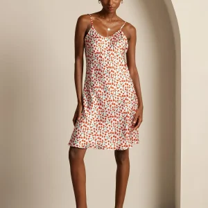 Vestido Corto de Seda con Tirantes Espagueti y Estampado de Cereza