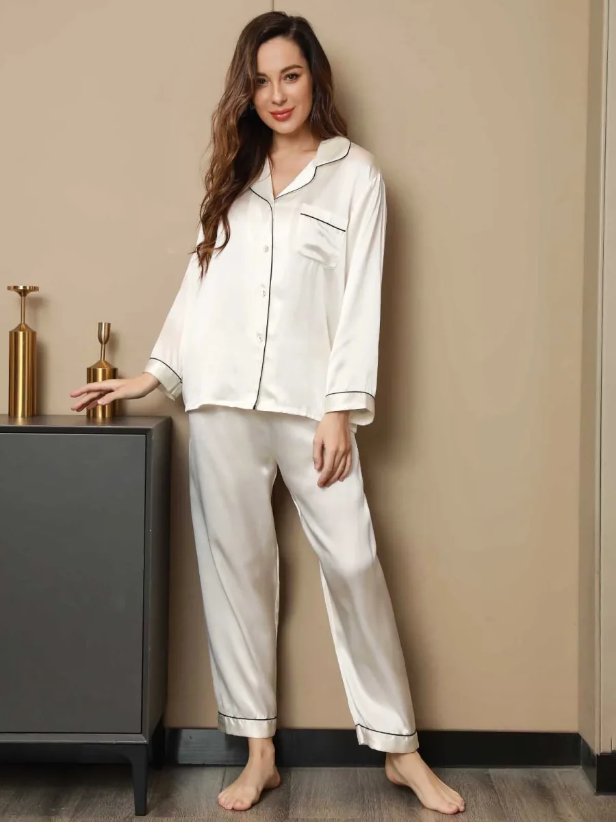 Pijama de Mujer de Seda Pura con Manga Larga y Cuello de Solapas - Imagen 6