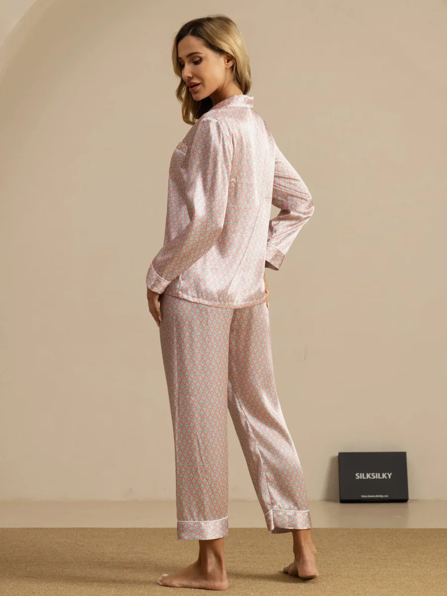 Conjunto De Pijama Para Mujer De Seda Pura Manga Larga Con Pantalón E Imprimé Geométrico - Imagen 8