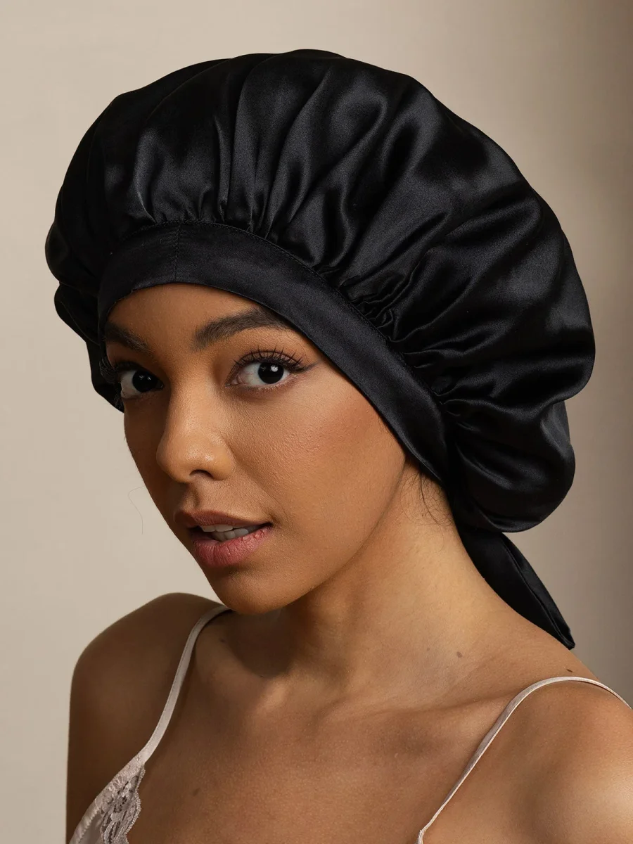 Gorro de Dormir para Mujer de 100% Seda de Mora con Cintas Largas - Imagen 9