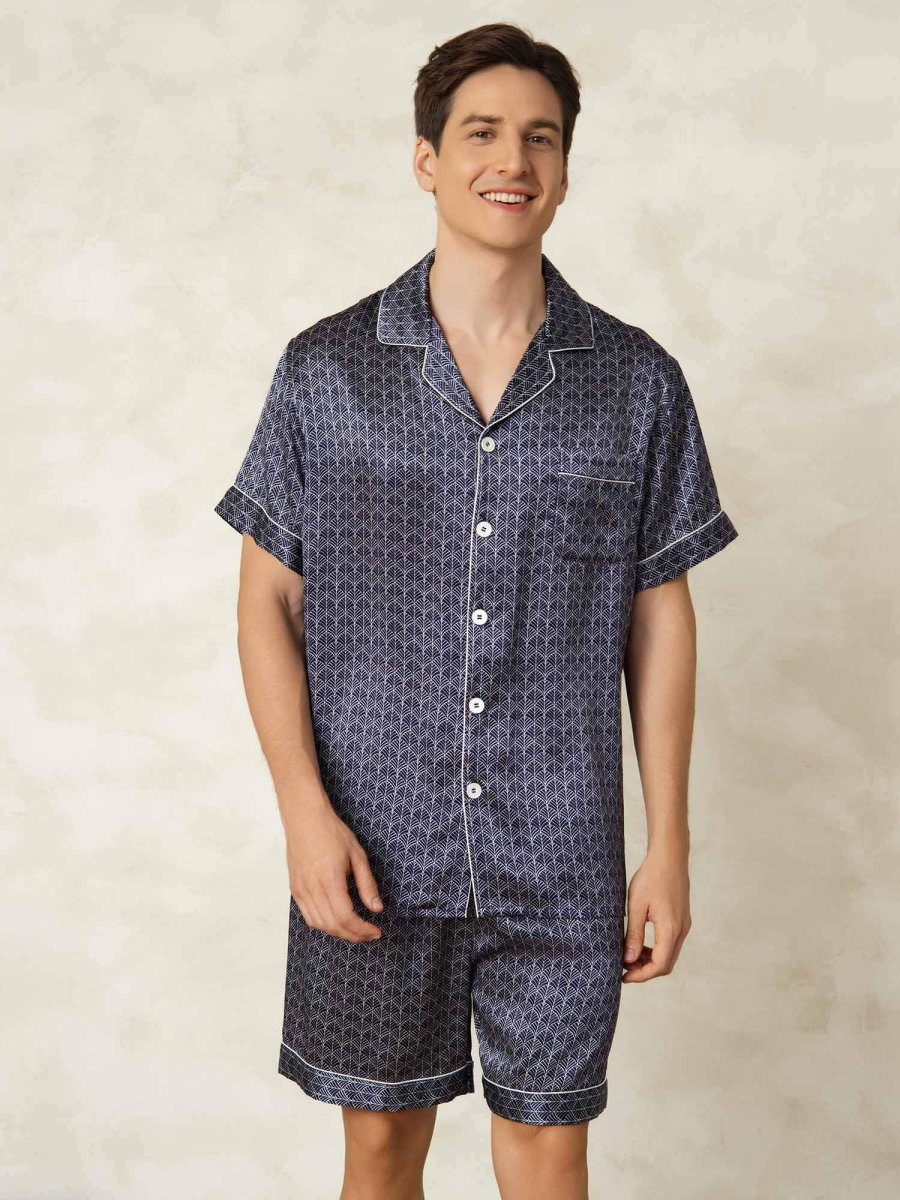 Pijama De Hombre De Seda Pura Azul Marino Con Estampado De Ginkgo De Manga Corta Y Cuello Con Solapa - Imagen 2