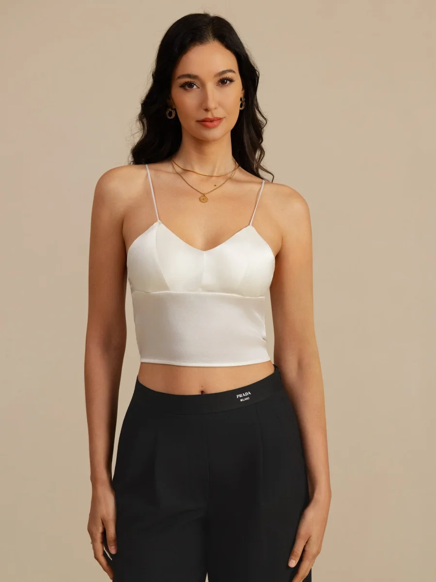 19Momme Top Corto De Seda Tirantes Finos Escote En V Camiseta Con Sujetador Incorporado - Imagen 4