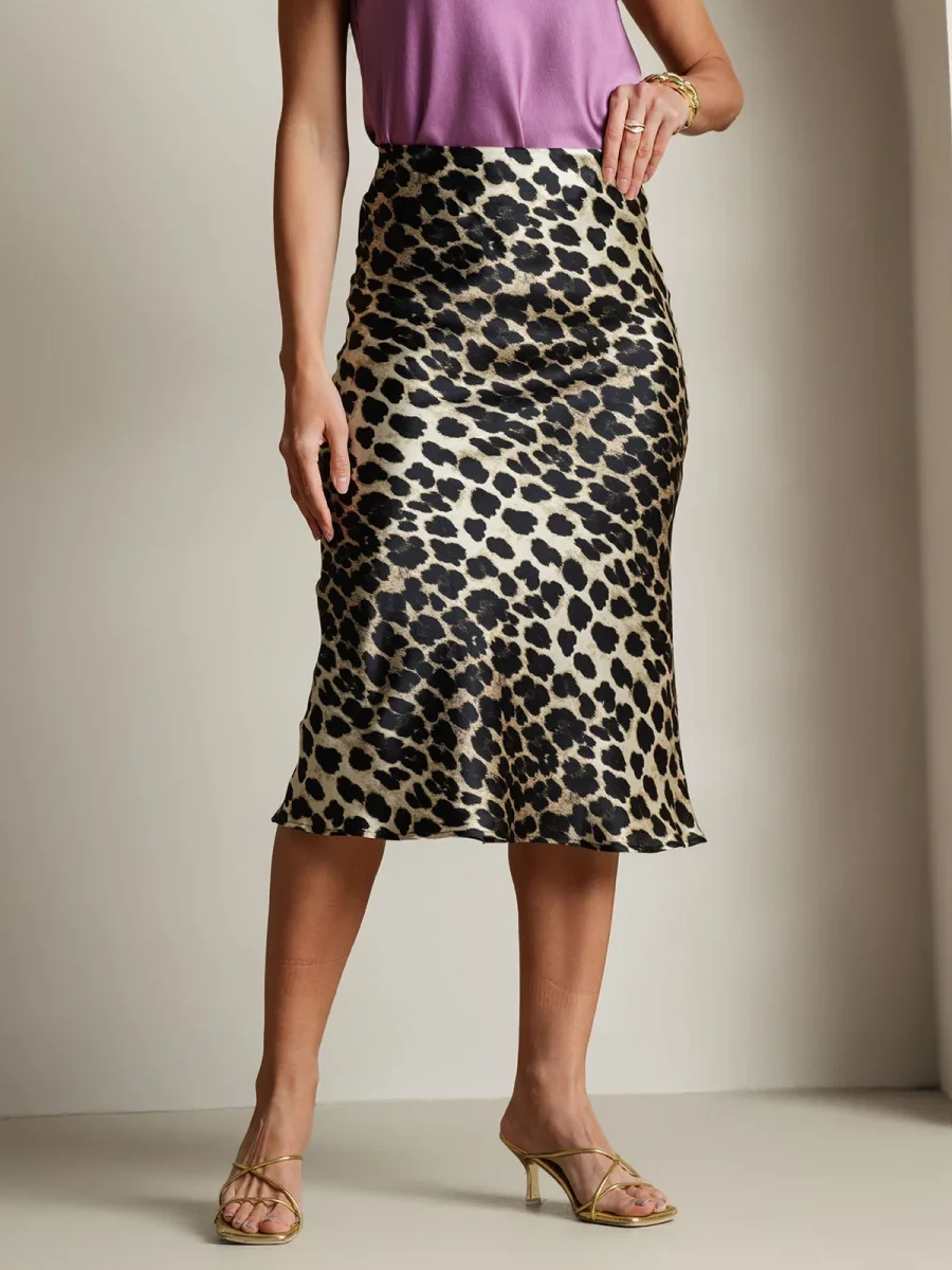 Falda Larga Recta De Seda Pura 19 Momme Con Estampado De Leopardo Elástica - Imagen 6