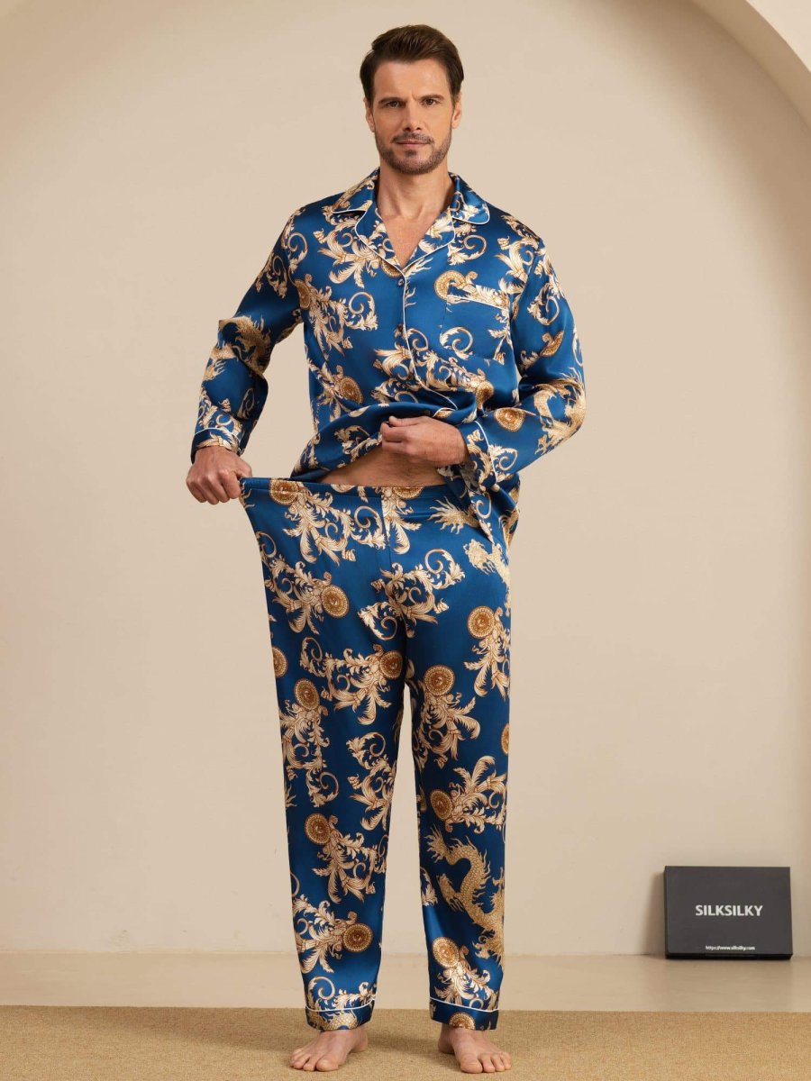 Pure Seda Hombre Estampado Dragón Manga Larga Cuello Notch Conjunto Pijama - Imagen 7