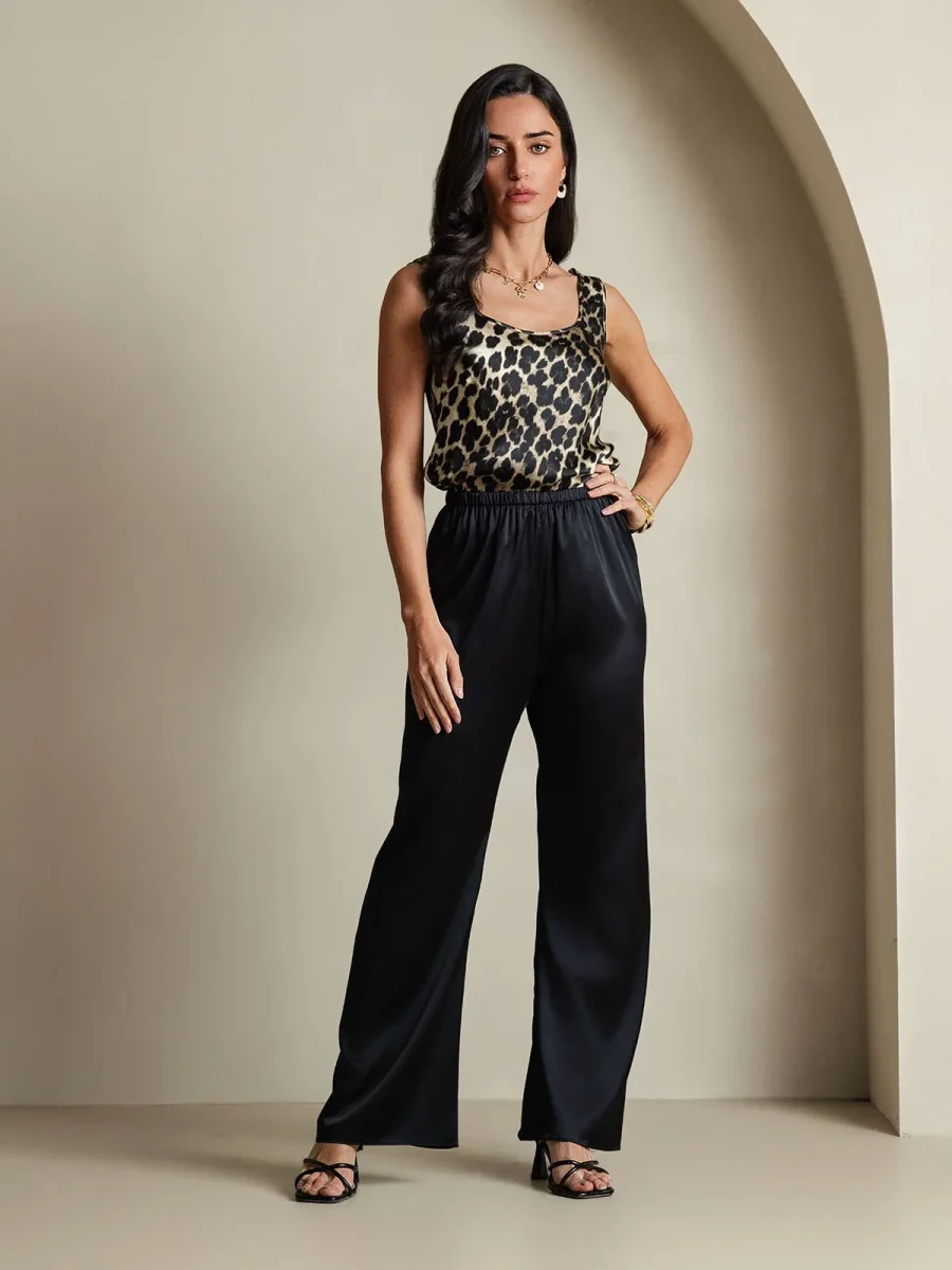 Top De Seda Para Mujer 19Momme Sin Mangas Con Cuello En U Y Estampado De Leopardo - Imagen 9