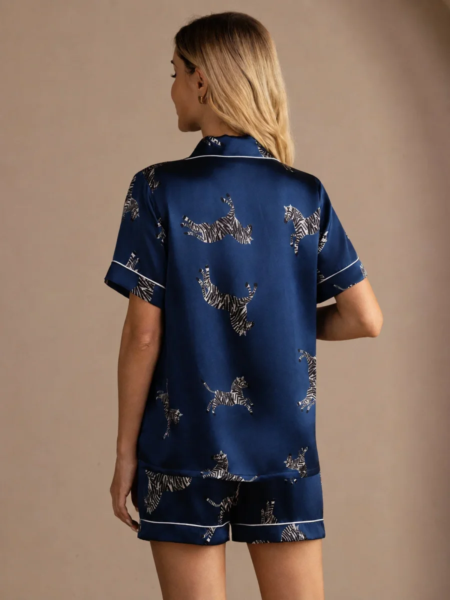 Conjunto De Pijama De Botones De Manga Corta Con Estampado De Cebra De Seda De Morera 100% Para Mujer - Imagen 9