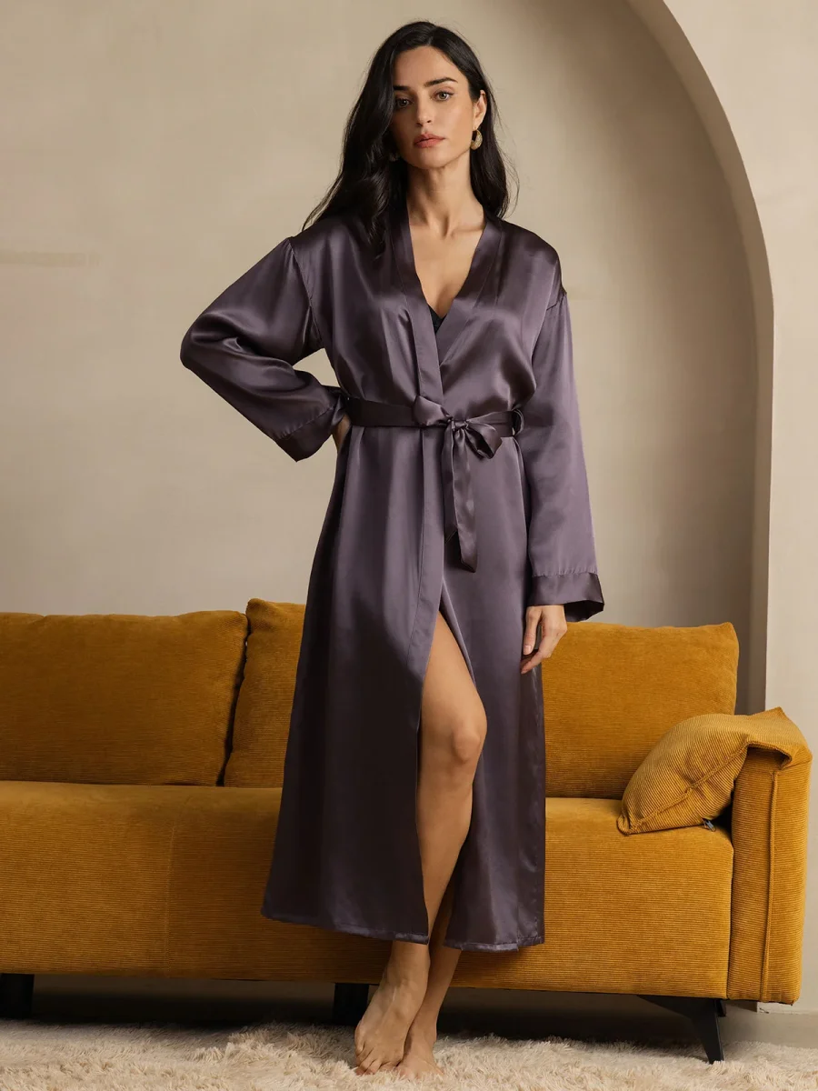 Bata Midi Cruzada Para Mujer De Pura Seda Con Mangas Largas - Imagen 6