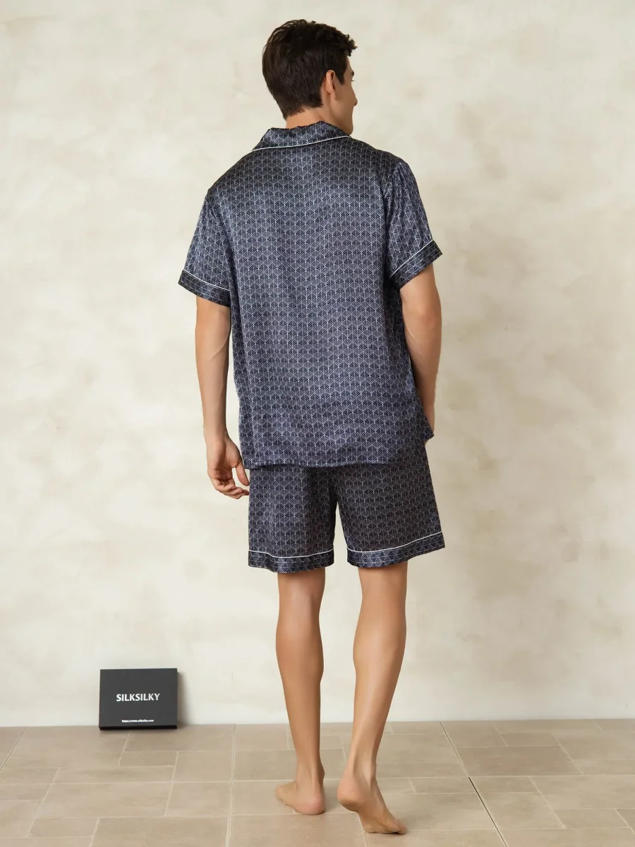 Pijama De Hombre De Seda Pura Azul Marino Con Estampado De Ginkgo De Manga Corta Y Cuello Con Solapa - Imagen 3