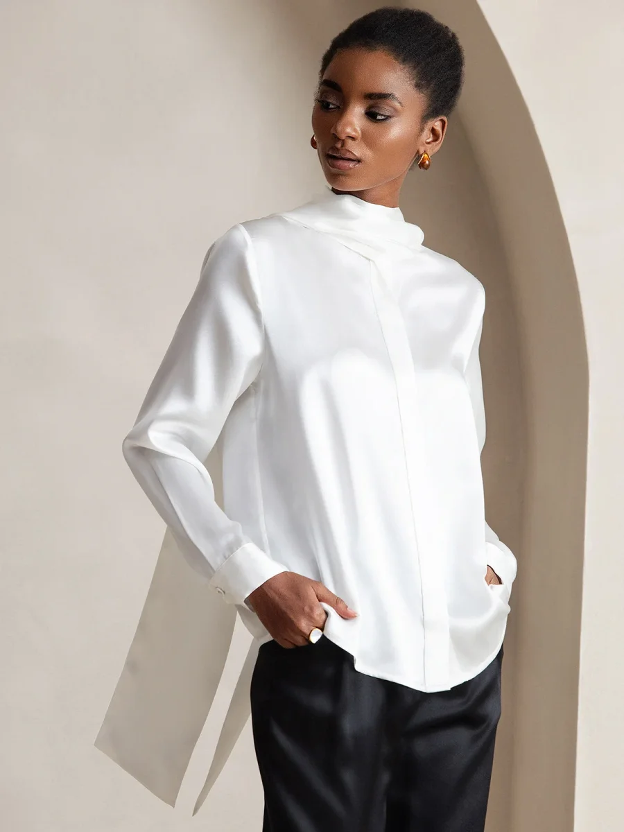19 Momme Seda Cuello atado Camisa - Imagen 6
